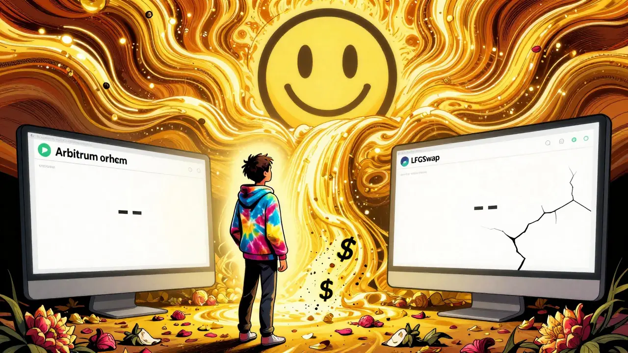 User facing empty LFGSwap screen while Uniswap&#039;s golden liquidity flows behind them.