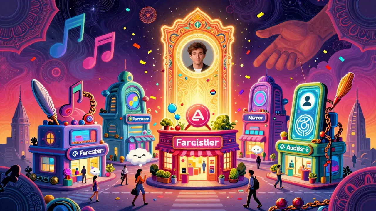 Users move freely between decentralized app storefronts shaped like musical notes and quills, carrying follower clouds as balloons.