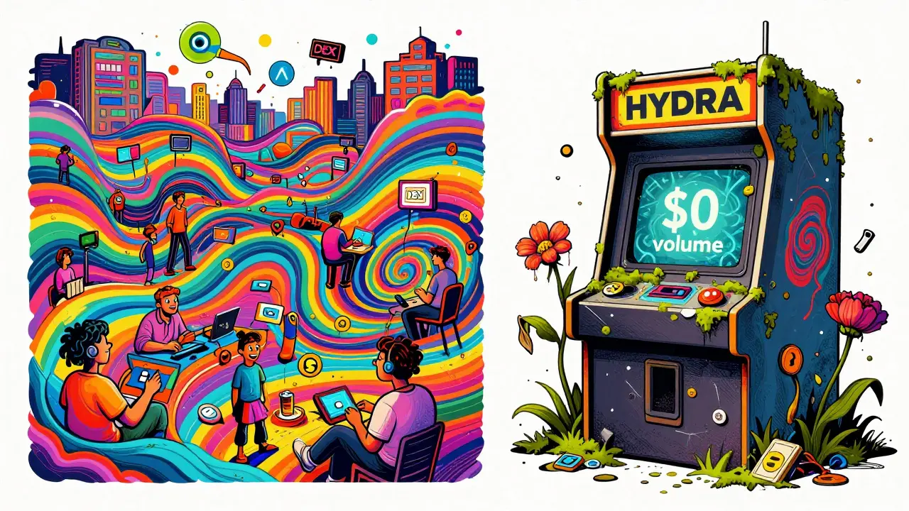 Vibrant active DEXs contrasted with a crumbling HYDRA Dex arcade machine in retro pop-art style.