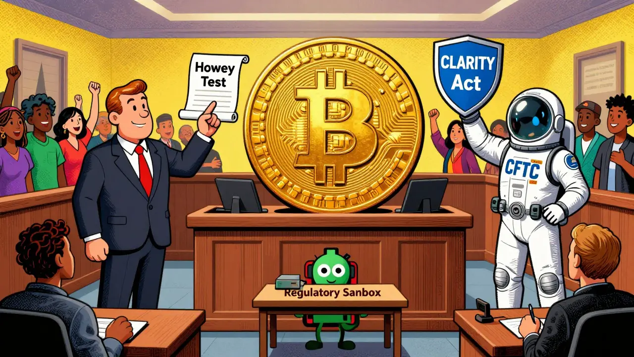 A Bitcoin token on trial in a courtroom with SEC and CFTC figures, surrounded by cheering users in Peter Max style.