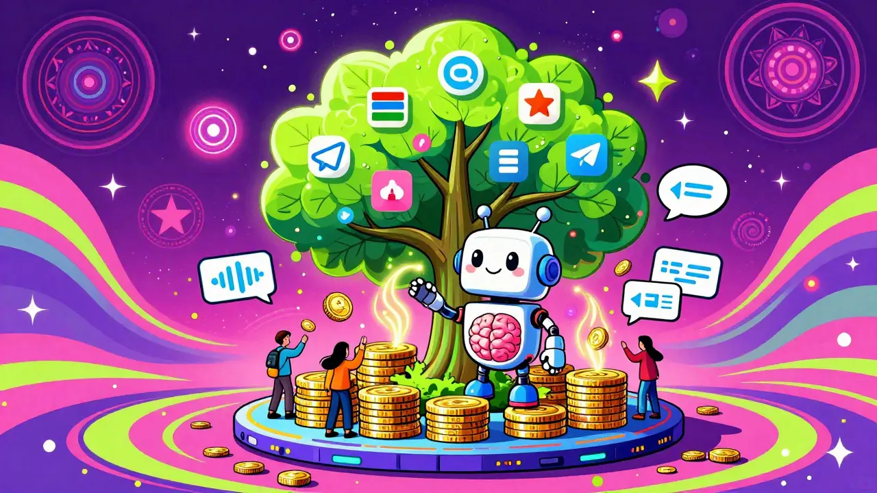 A brain-shaped AI bot standing on MDAI tokens, with future features blooming from a blockchain tree in swirling neon patterns.