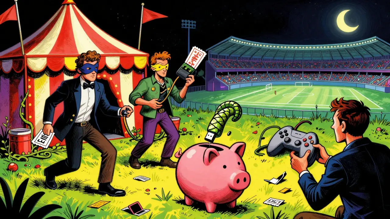 A chaotic carnival of scammer figures luring people with fake LMT tokens under a silent stadium.