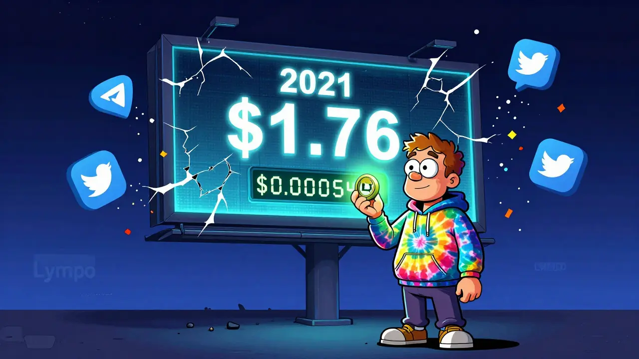 A collector stares at a crumbling digital billboard showing LMT's price crash from .76 to pennies.