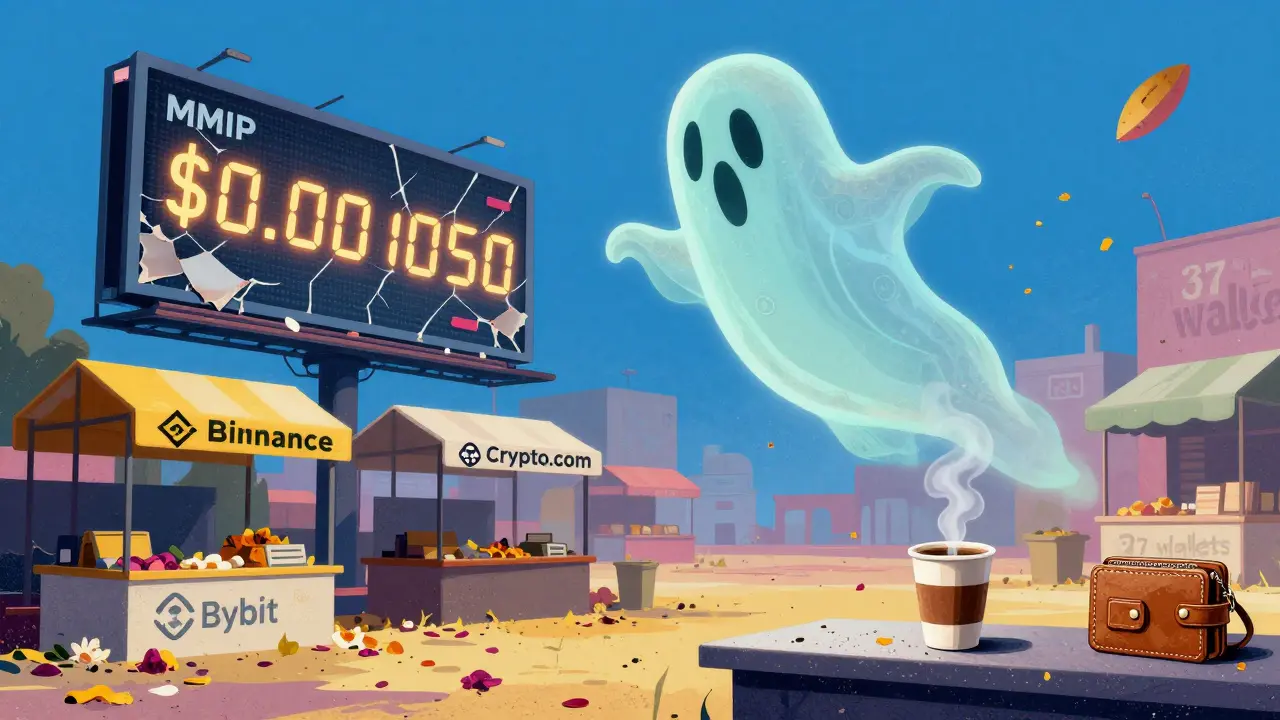 A ghostly MMIP token above a faded price billboard in a deserted crypto marketplace.