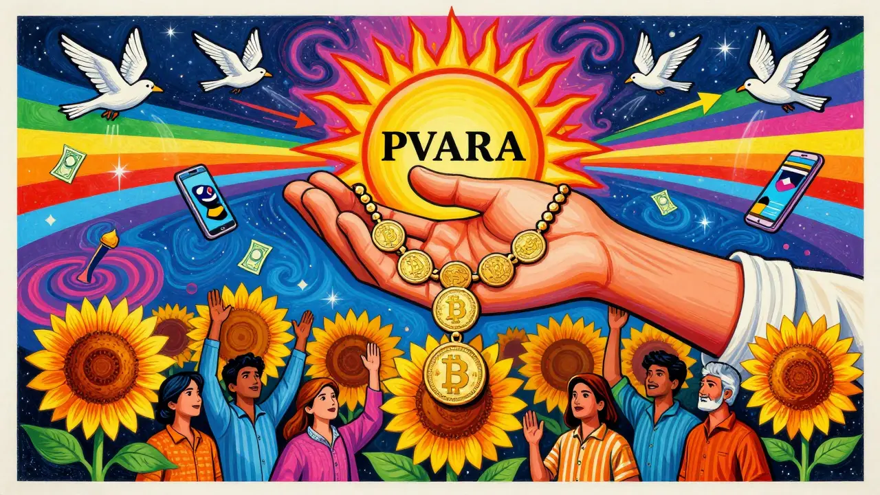 A giant hand holds a blockchain necklace as citizens rise toward a sun-shaped regulatory logo amid rainbow remittance trails.