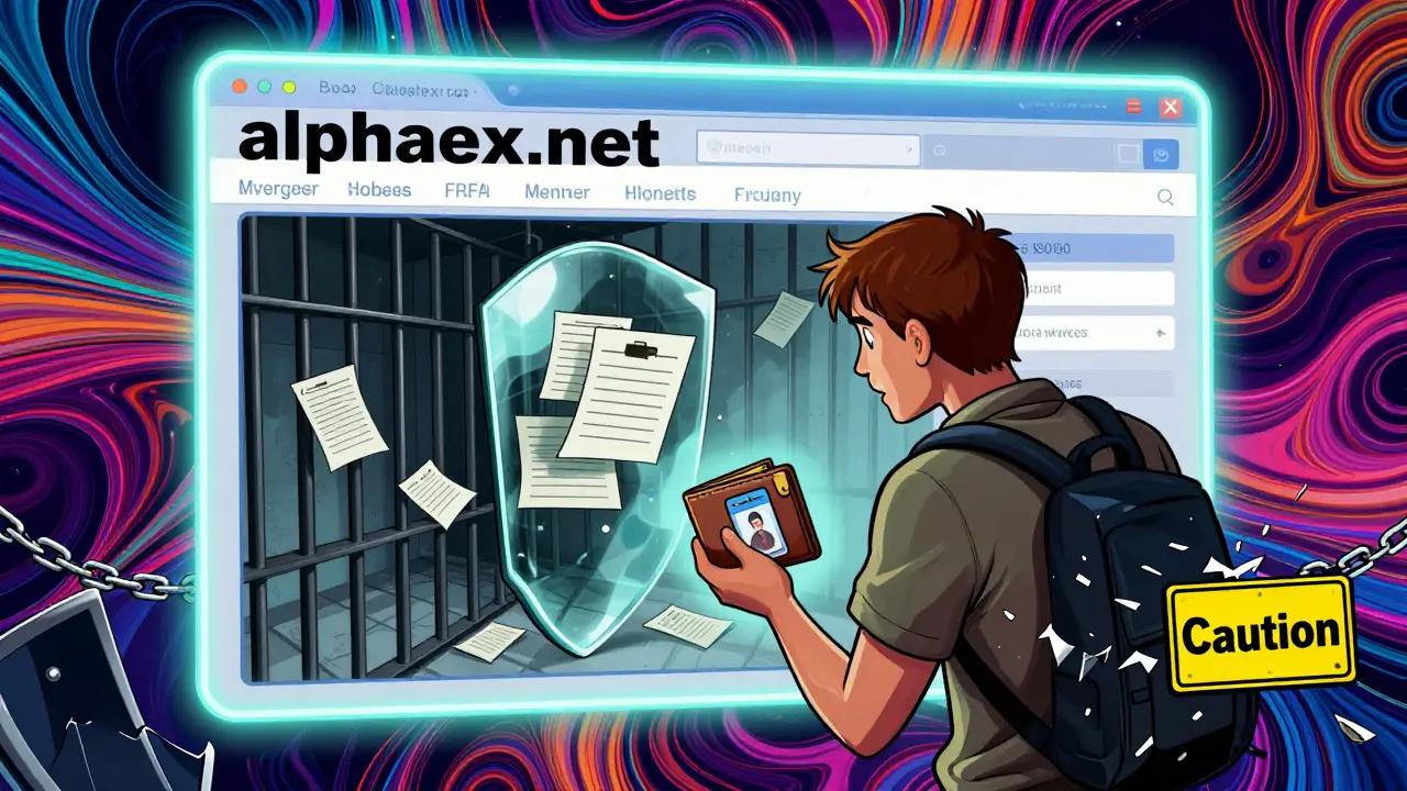 A glowing fake crypto site luring a traveler into a mirror reflecting a prison of stolen documents.