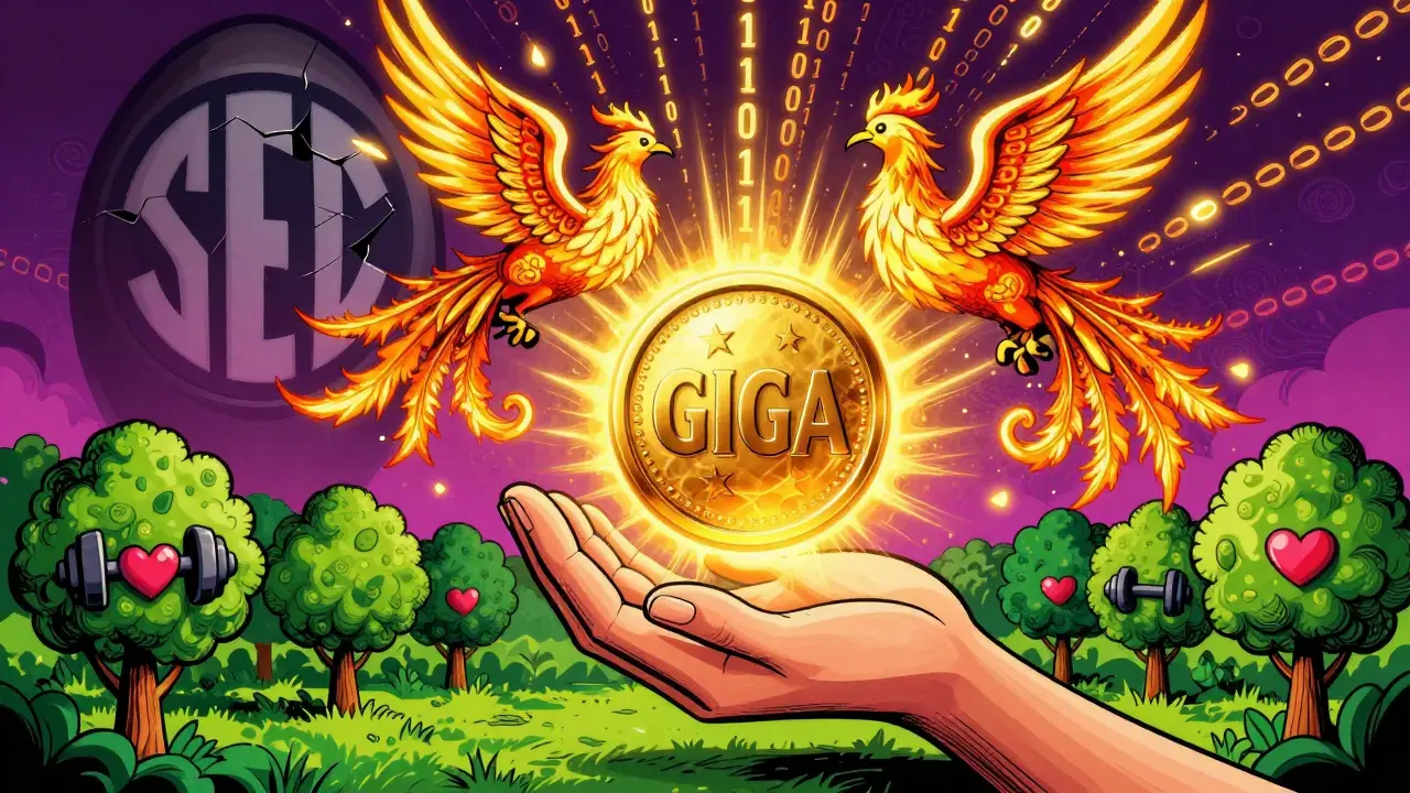 A glowing GIGA token with staking rewards as golden phoenixes, surrounded by blockchain trees and cracking SEC symbol.