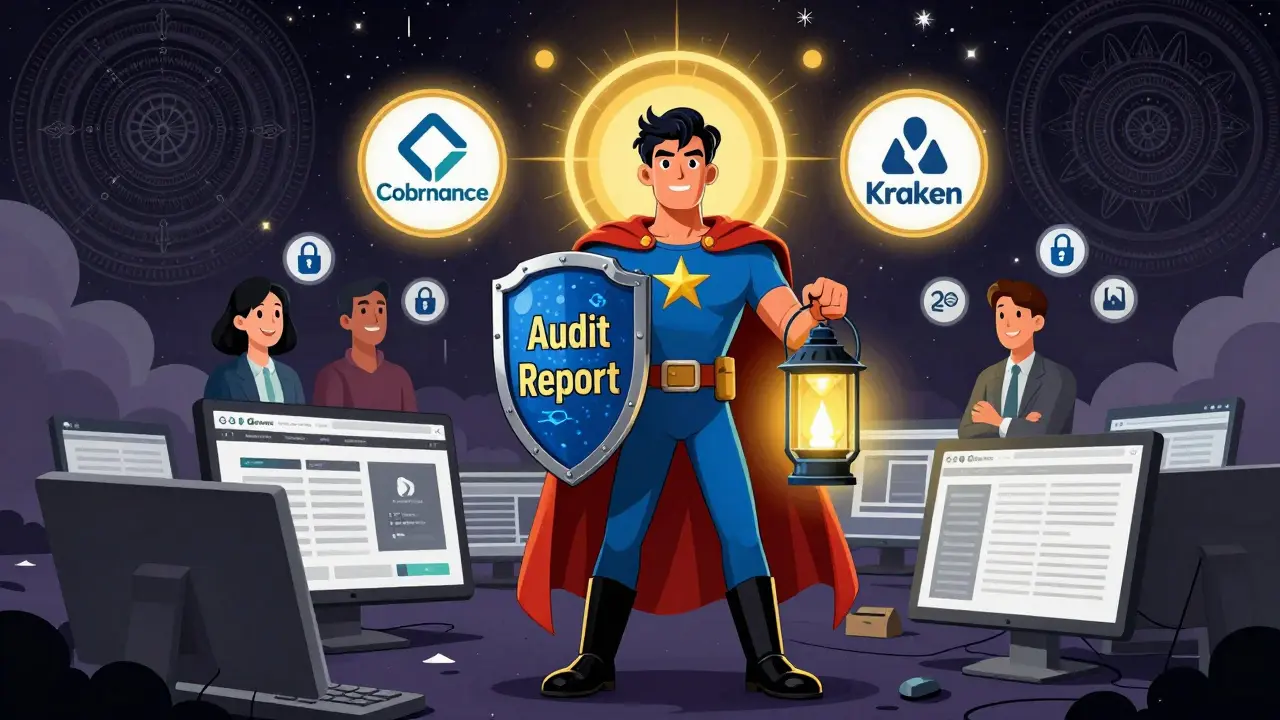 A hero with audit shield stands against scam websites, while safe exchanges glow warmly in a cosmic scene.