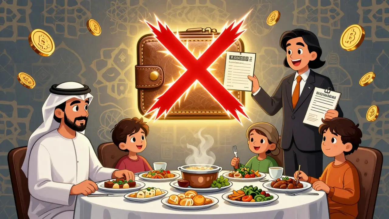 A Kuwaiti family at dinner with a banned crypto wallet crossed out by electric bolts, beside a bank teller offering bonds.