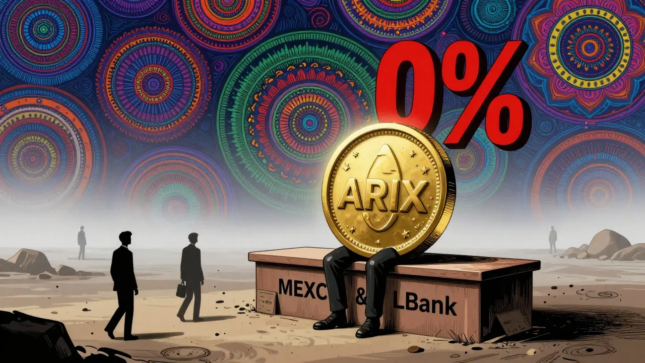 A lone ARIX token on a deserted exchange counter as shadowy figures walk away.