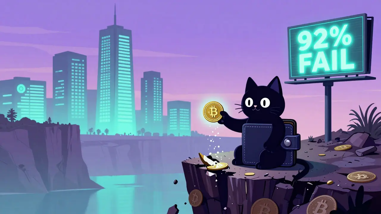 A lonely cat wallet watches its MEOW token dissolve into dust as major exchanges shine safely in the distance.