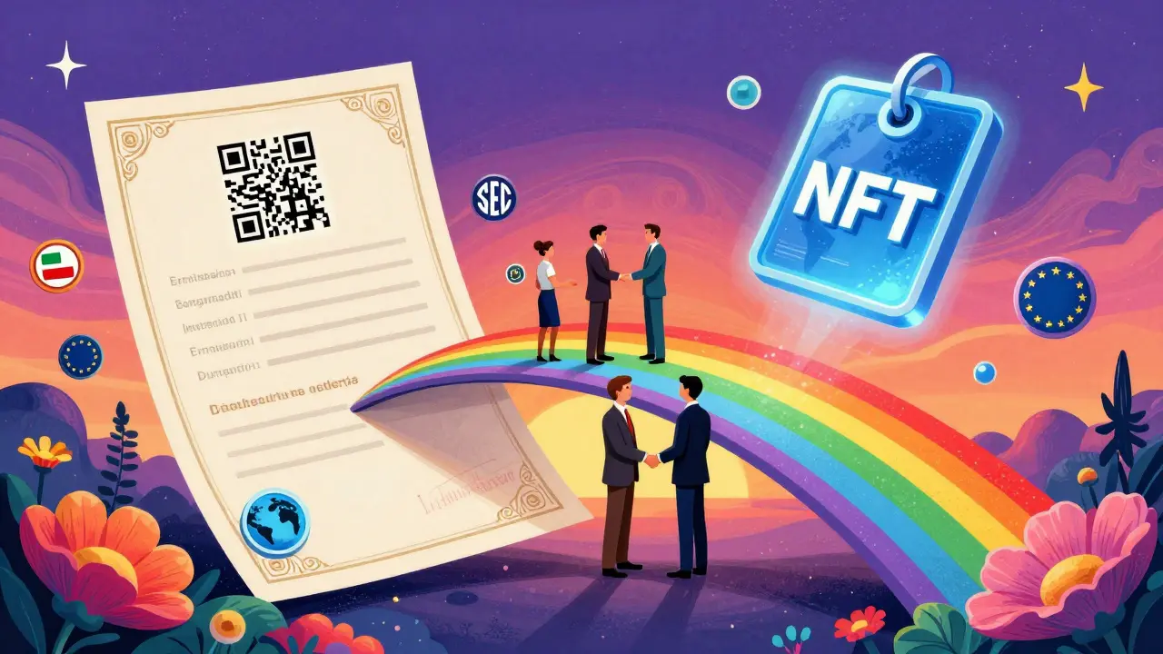 A paper deed with a QR code links via a rainbow bridge to a digital NFT token, symbolizing the hybrid future of real estate ownership.