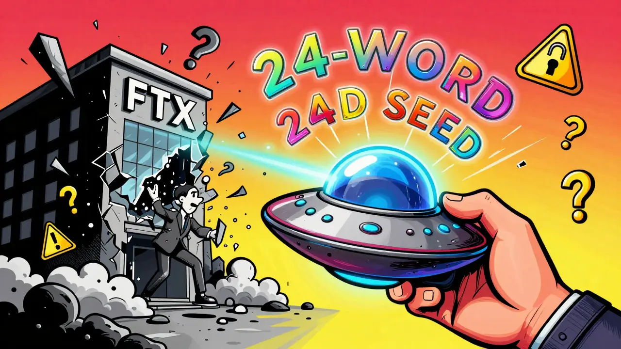 A person holding a hardware wallet as an exchange collapses behind them, with a rainbow seed phrase floating above.