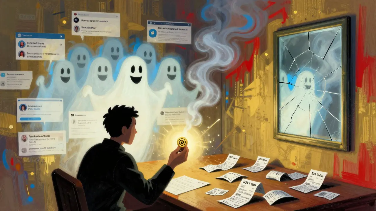 A person holding a worthless BTA token as a ghostly team vanishes behind them in swirling psychedelic colors.
