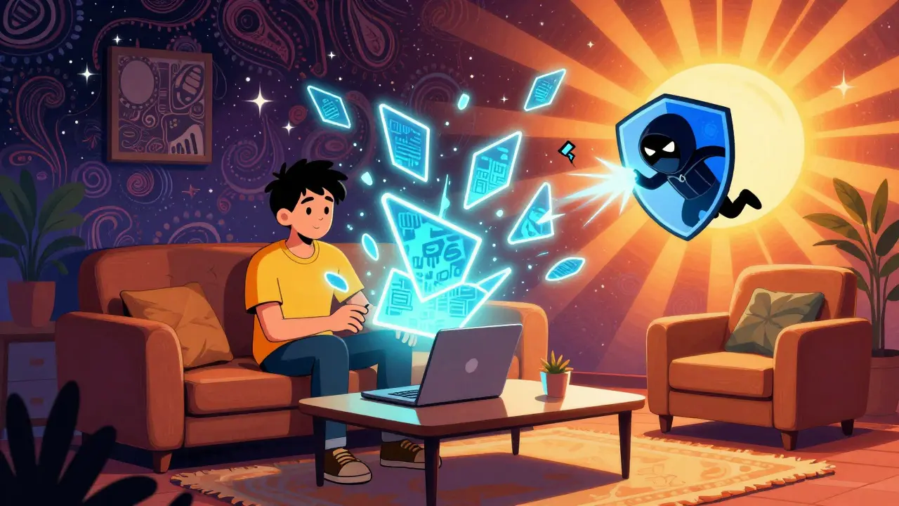 A person using a laptop surrounded by glowing, interlocking data shards, protected from a hacker by randomized validator shields.