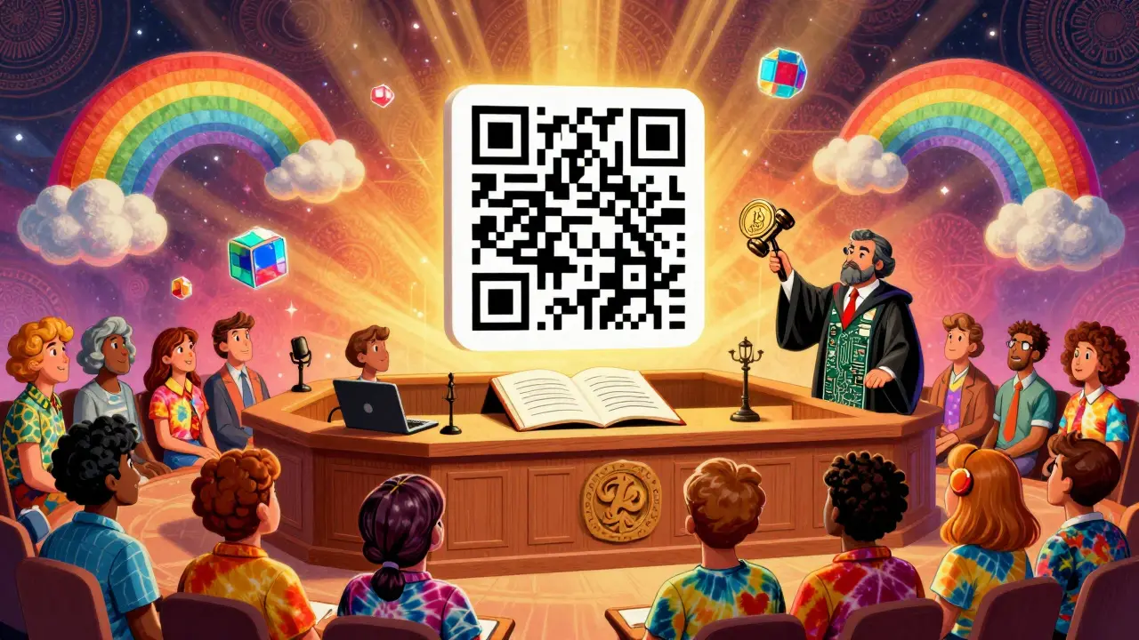 A surreal courtroom with a giant QR code and blockchain clouds, where a judge in a circuit board robe holds a crypto gavel.