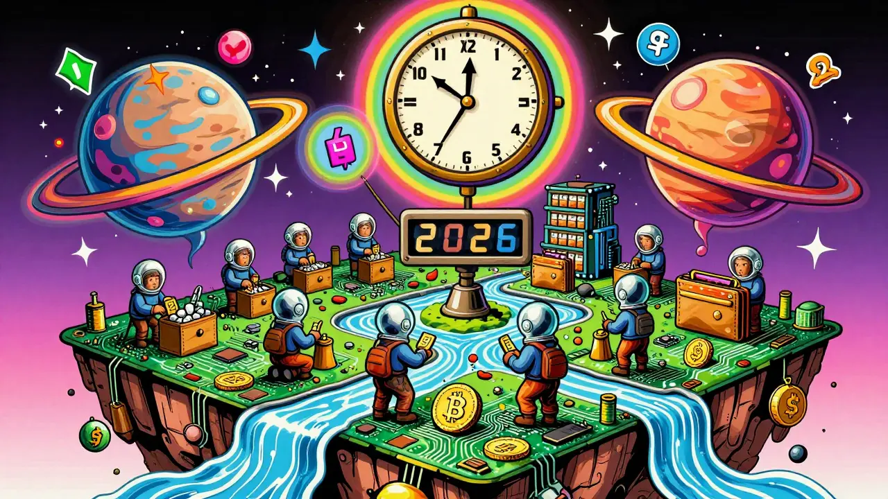 A surreal marketplace with miners, floating wallets, and algorithm symbols on a circuit board island in Peter Max style.