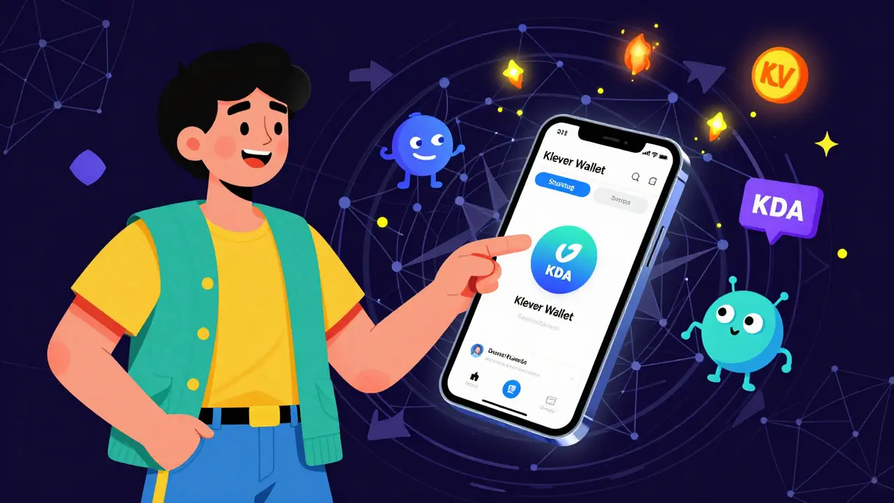 A user interacting with a Klever Wallet app as animated crypto tools float around in vibrant colors.