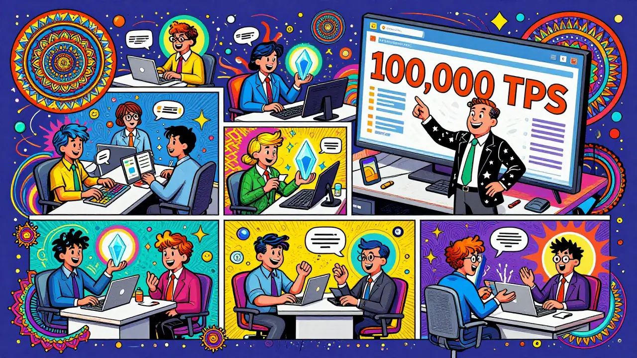 A vibrant office with 64 departments validating blockchain transactions, staffed by cartoon workers under swirling psychedelic patterns.