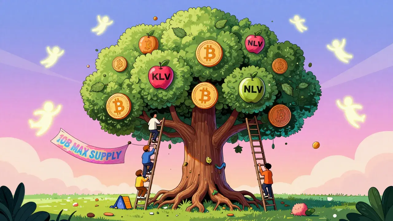 A whimsical blockchain tree bearing crypto fruit, with users staking and validators dancing in the sky.