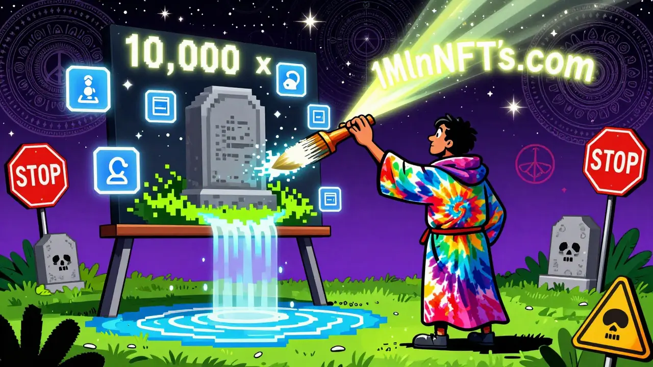 An artist painting a digital tombstone on a giant pixel canvas, surrounded by official website signs and warning symbols.