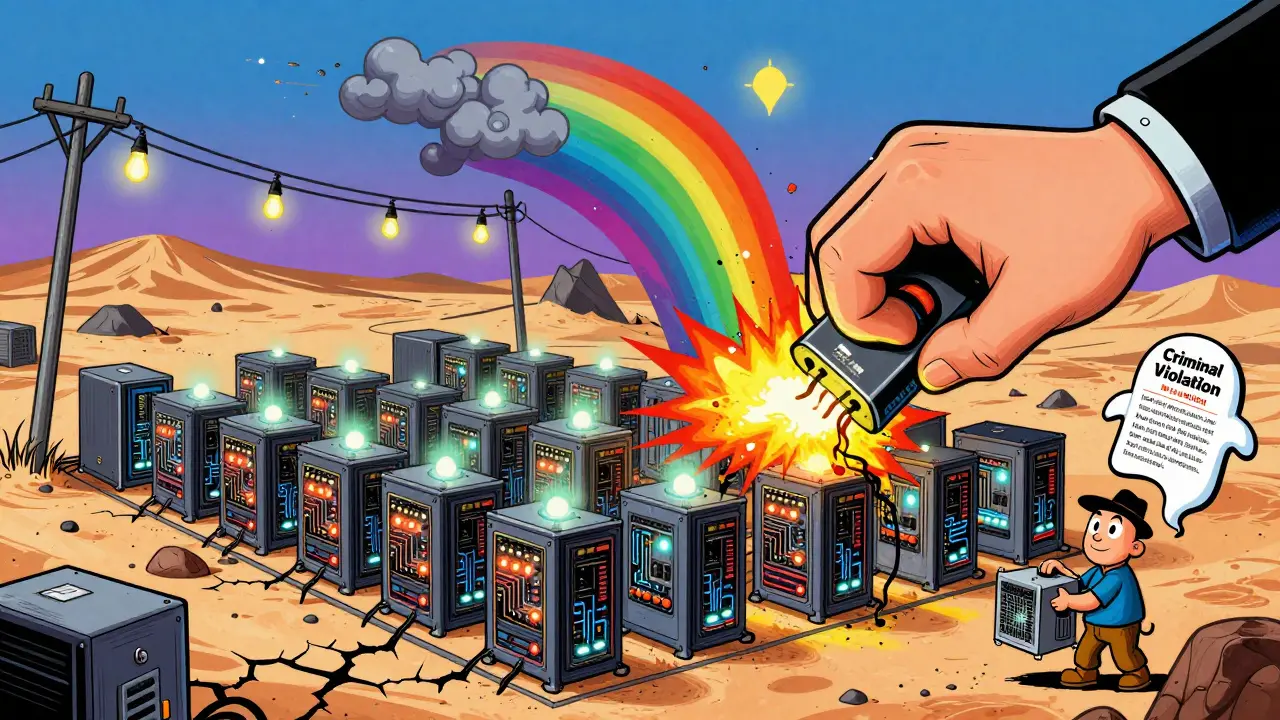 An illegal mining farm exploding in rainbow smoke as a giant hand flips a power switch labeled 'KUWAIT POWER'.
