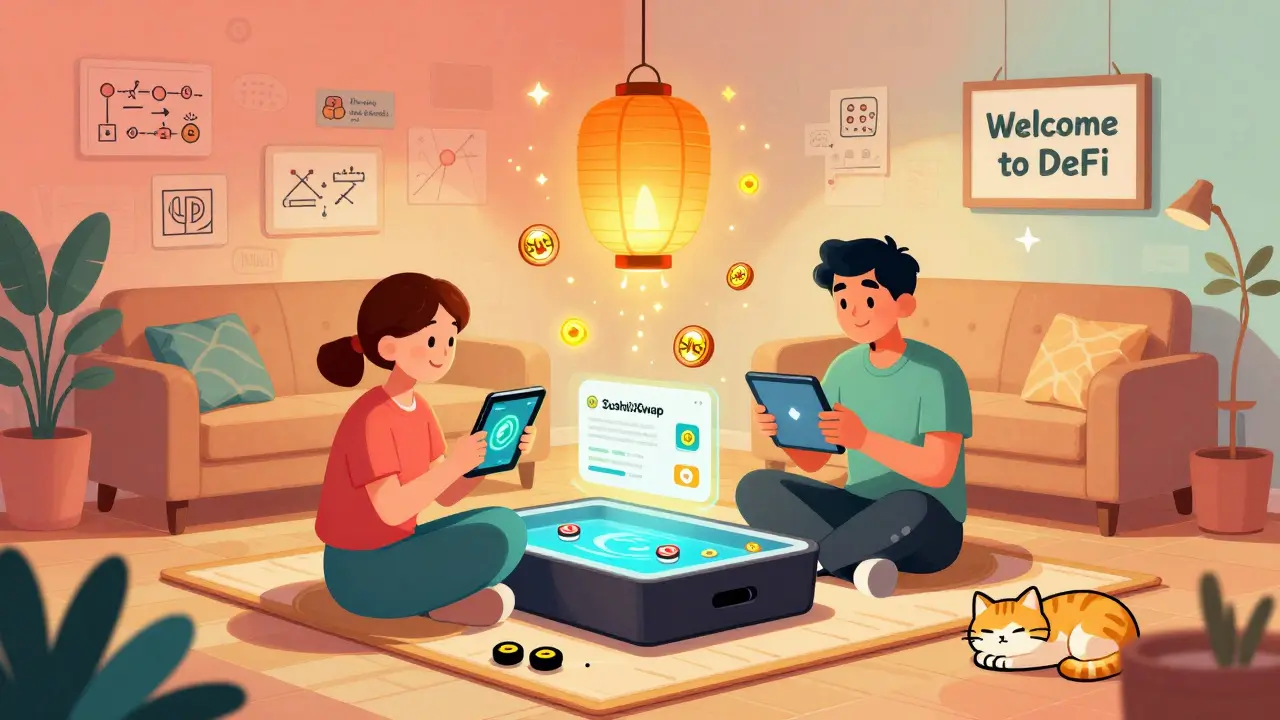 Beginner and expert using crypto tools on a sushi mat with floating tokens