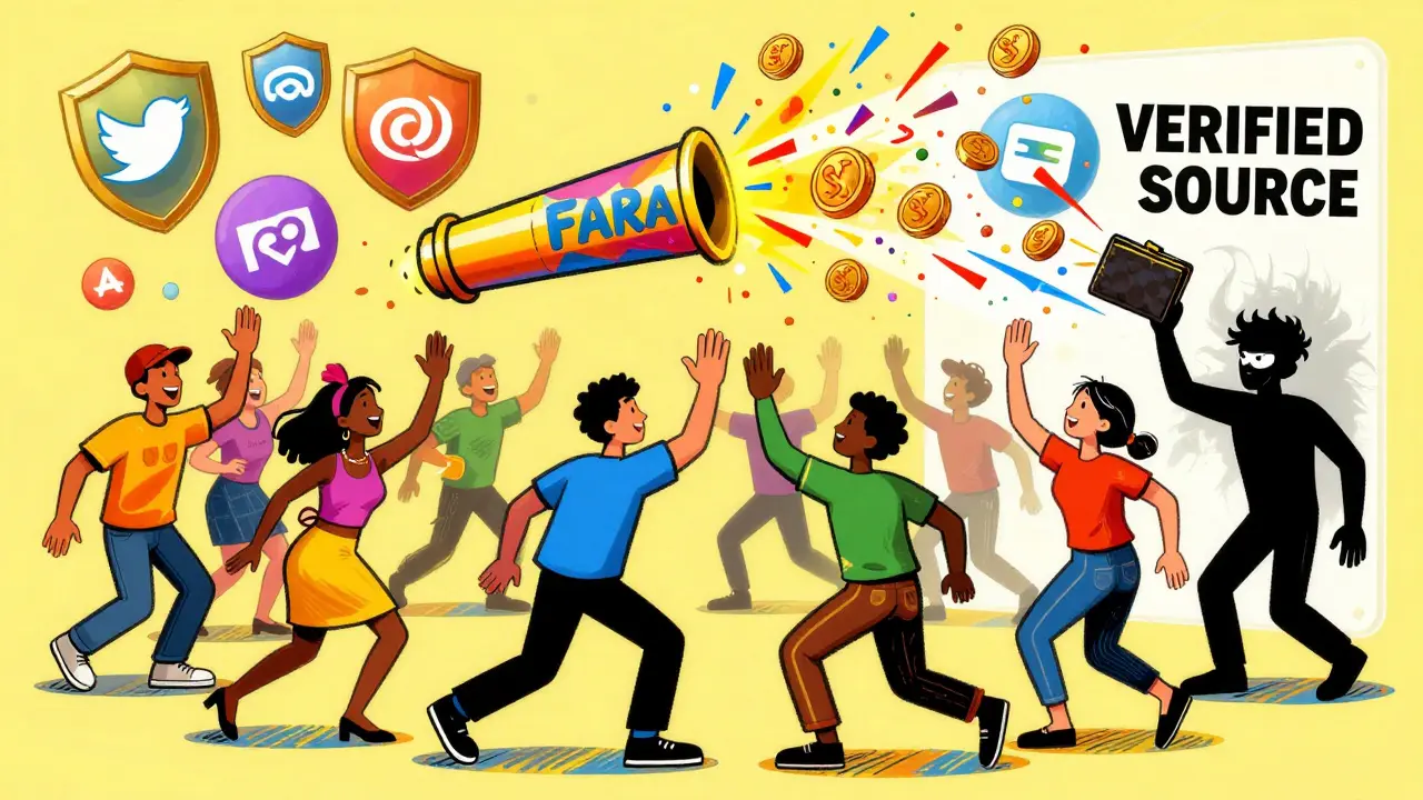 Community dancing around a token confetti cannon with verified sources as protective shields.