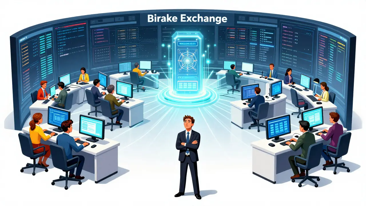 Confused individual trader in front of empty trading floor while corporate teams operate white-label crypto exchanges.