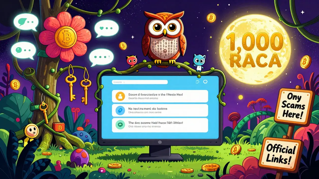 Cosmic Discord jungle with verification keys, a binary owl, and a glowing 1,000 RACA moon.