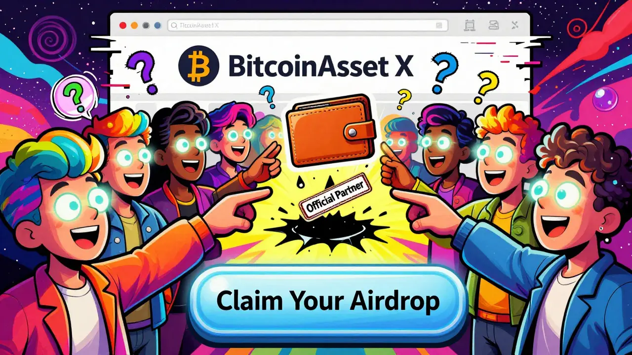 Crowd reaching for a fake airdrop button as their wallets drain into a black hole shaped like a scam stamp.