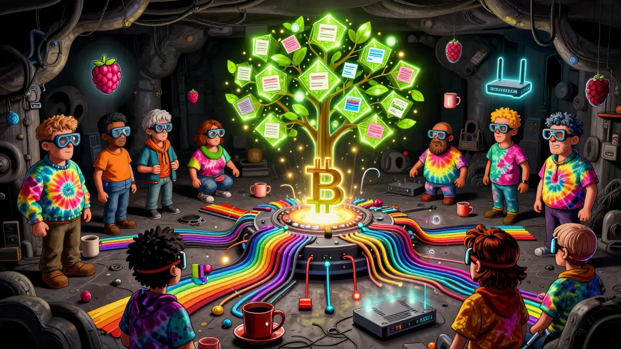 Diverse people connected to a rainbow circuitry Bitcoin node in a basement, with data ribbons flowing into a blockchain tree.