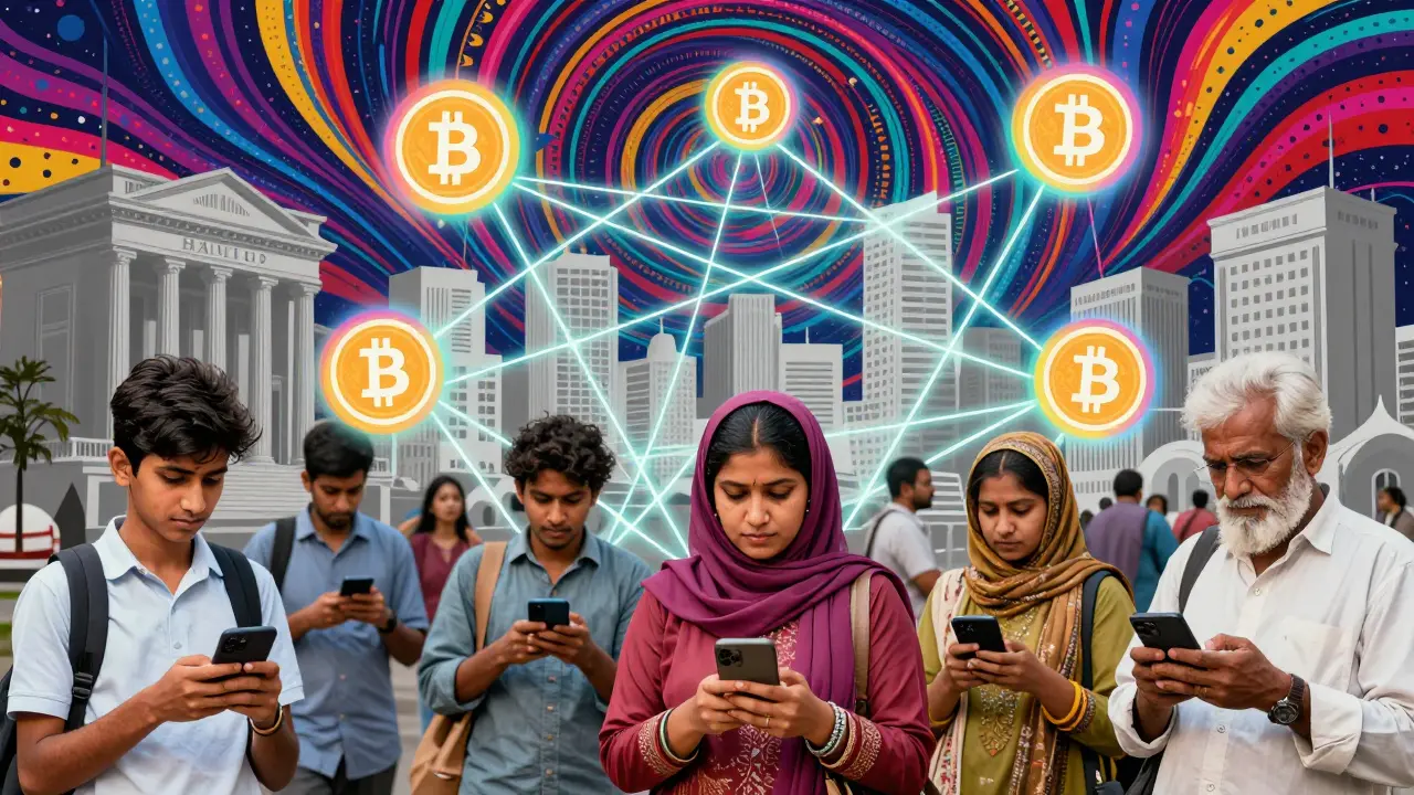 Diverse people in Karachi use crypto wallets as glowing stablecoin icons float above a fading traditional bank skyline.
