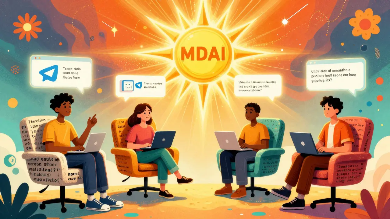 Diverse users chatting with MindAI through floating screens, surrounded by AI-generated help in vibrant psychedelic colors.