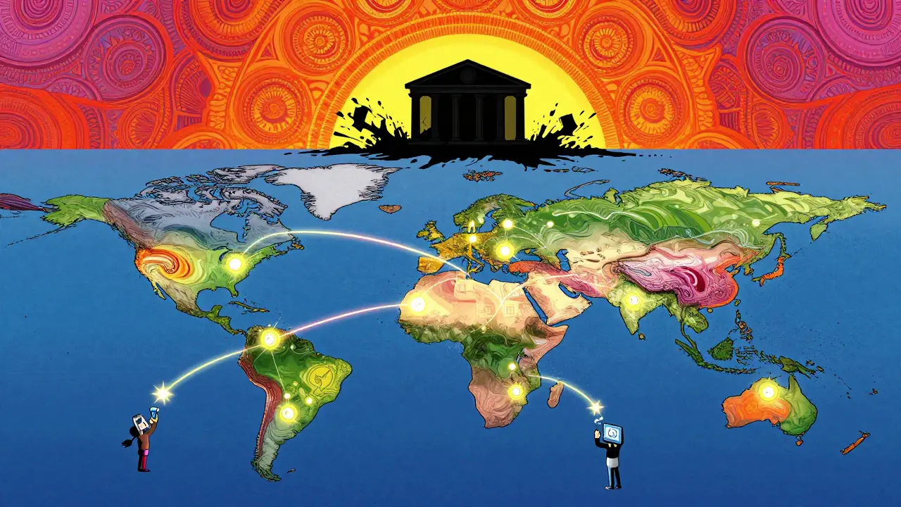 Global map with firefly-like nodes sending Bitcoin sparks across continents, while a crumbling bank fades in the background.