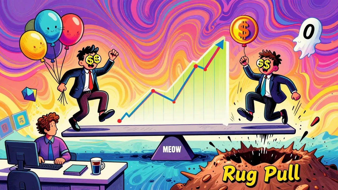 Investors on a seesaw chase a rising MEOW price while falling into a pit labeled 'Rug Pull' in vibrant psychedelic style.