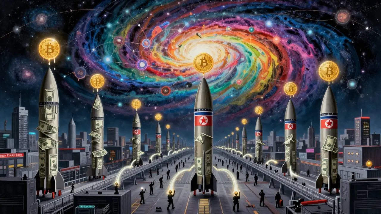 Missiles built from cash flowing from Bitcoin icons, with global worker silhouettes connecting crypto streams across a rainbow blockchain galaxy.