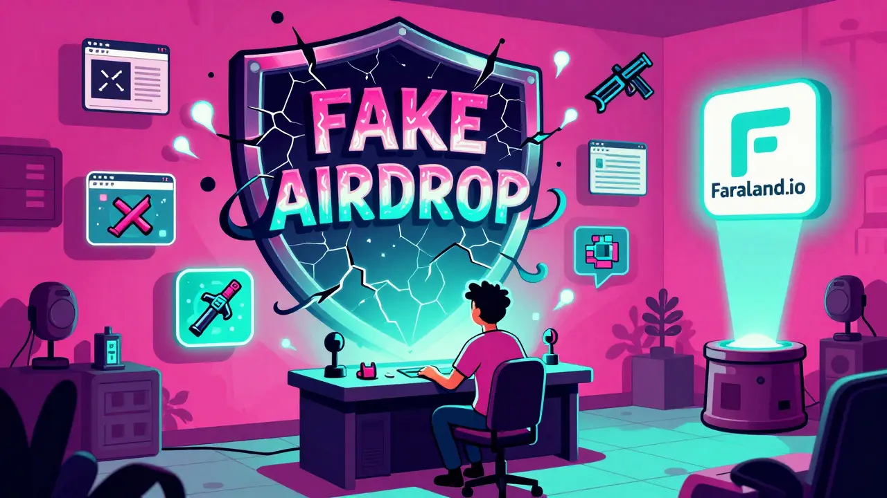 Player at a console with fake airdrop scams dissolving, real FaraLand.io logo glowing.