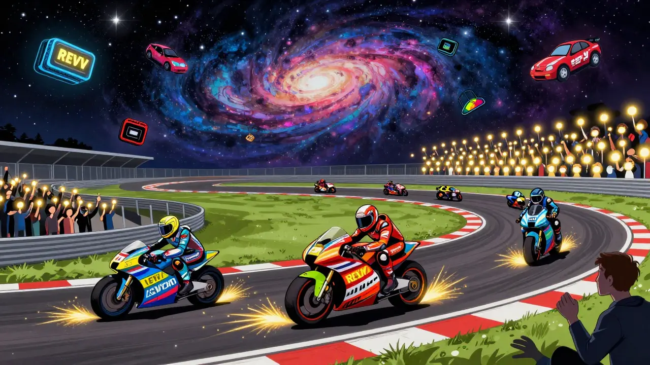 Racers earning REVV tokens in MotoGP™ Ignition on a cosmic track with a calm, dedicated community.
