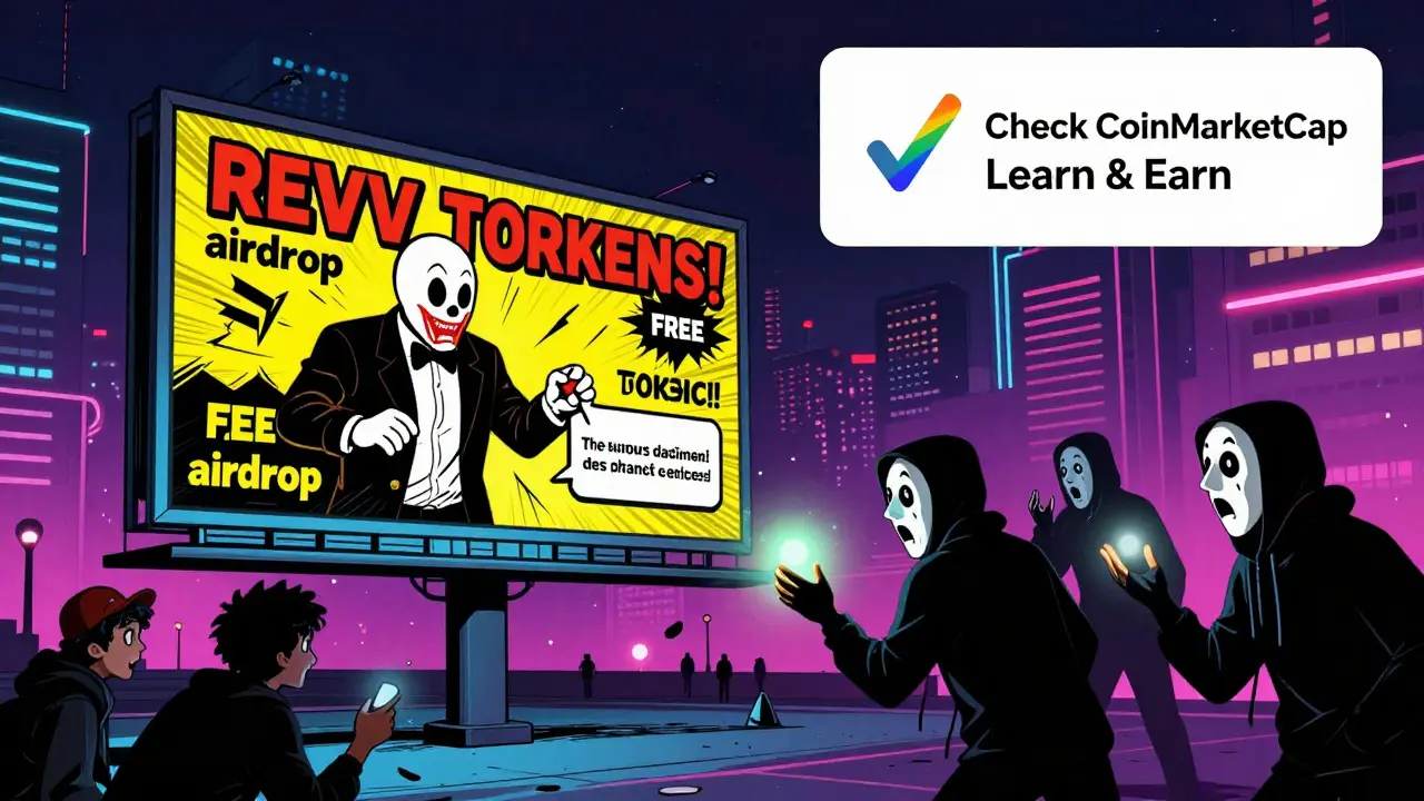 Scammers tricking users with fake REVV airdrops, contrasted by a legitimate CoinMarketCap banner.