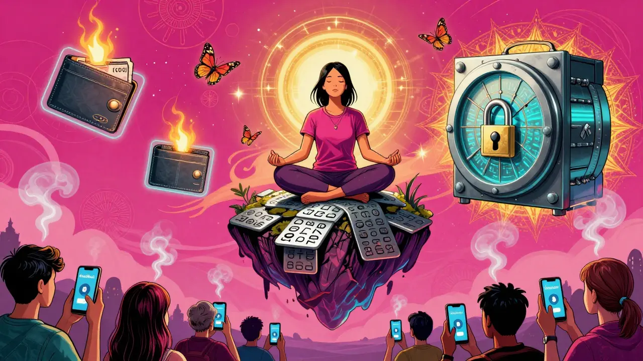 Someone meditating on metal seed plates, surrounded by burning paper wallets and vanishing phone balances.