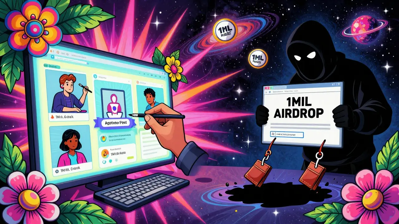 Split scene: artists painting on a digital canvas vs. a scammer pulling wallets into a black hole, with Monad NFTs floating above.