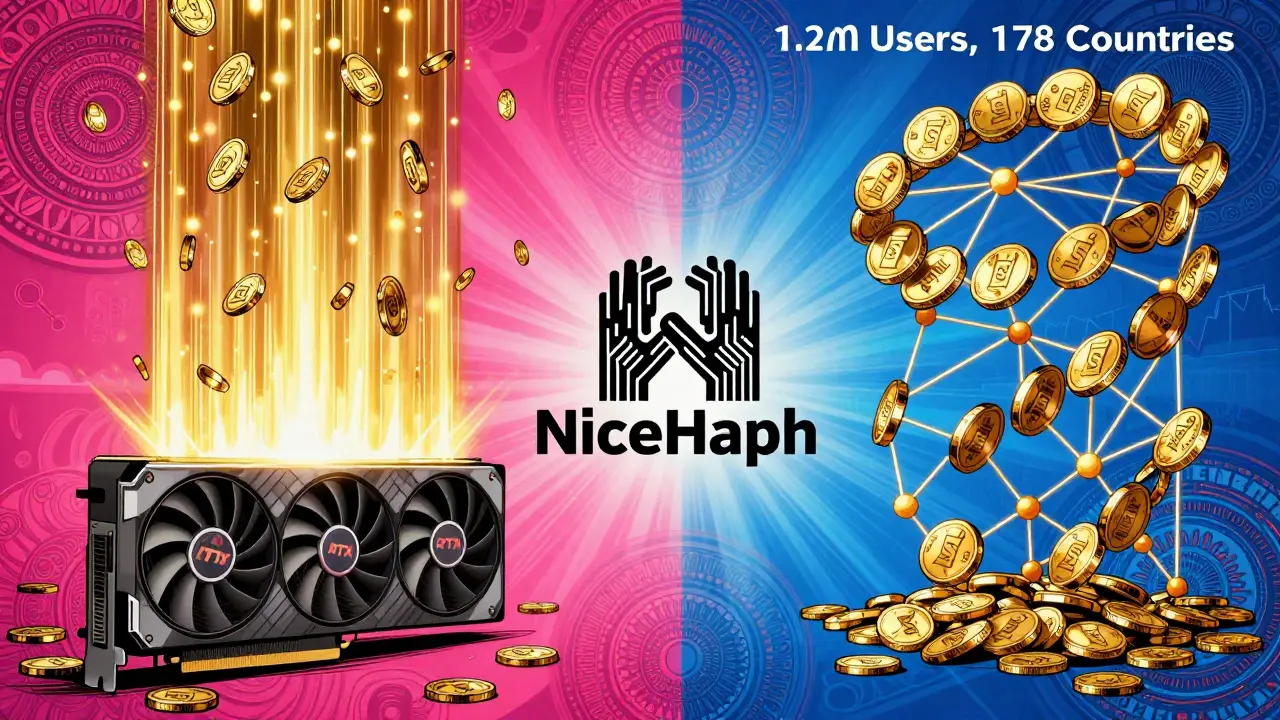 Split scene showing mining earnings turning into global trading networks, framed by psychedelic patterns in Peter Max style.