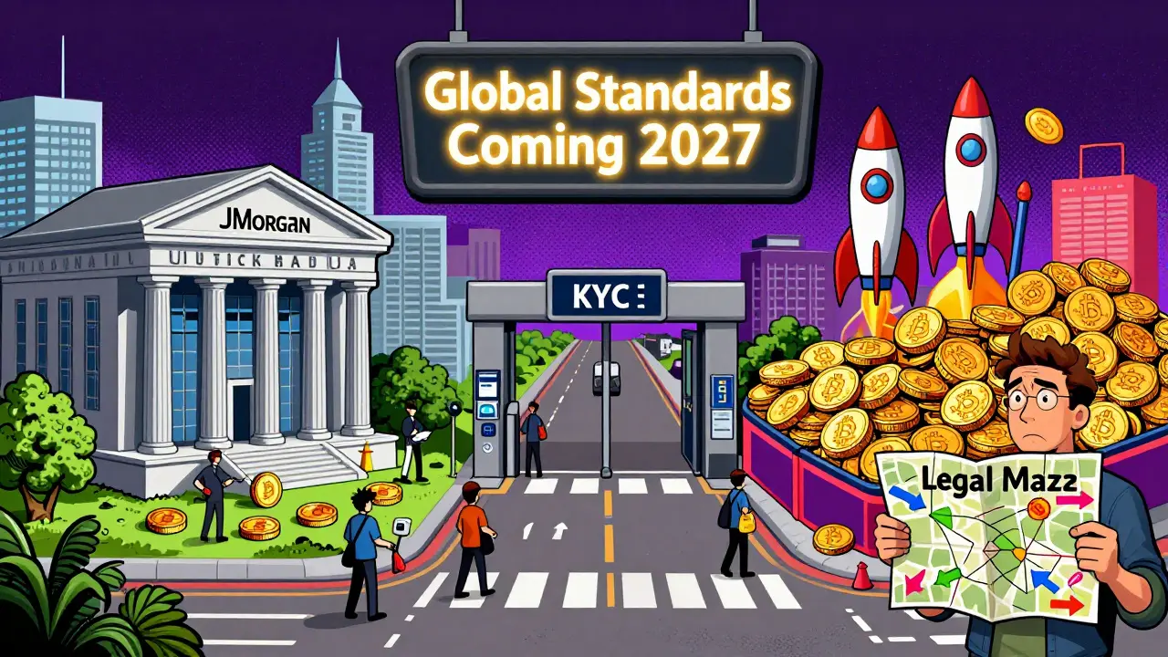 Three crypto regulatory zones—U.S., EU, and Singapore—illustrated as vibrant hubs with tokens and users in Peter Max style.