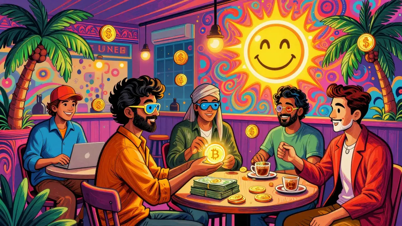Vibrant crypto cafe in Cambodia where agents exchange Bitcoin for cash amid glowing stablecoins and psychedelic decor.