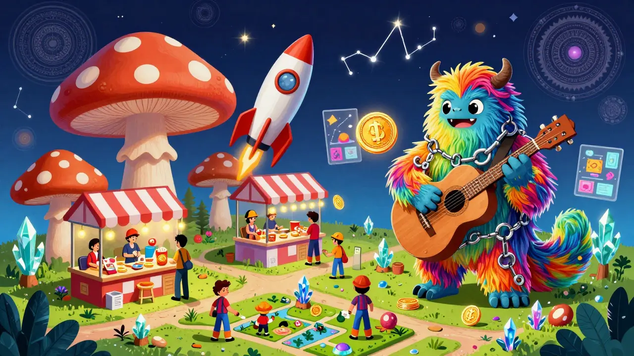 Whimsical digital marketplace with Metamon creatures, floating shops, and blockchain guitars.