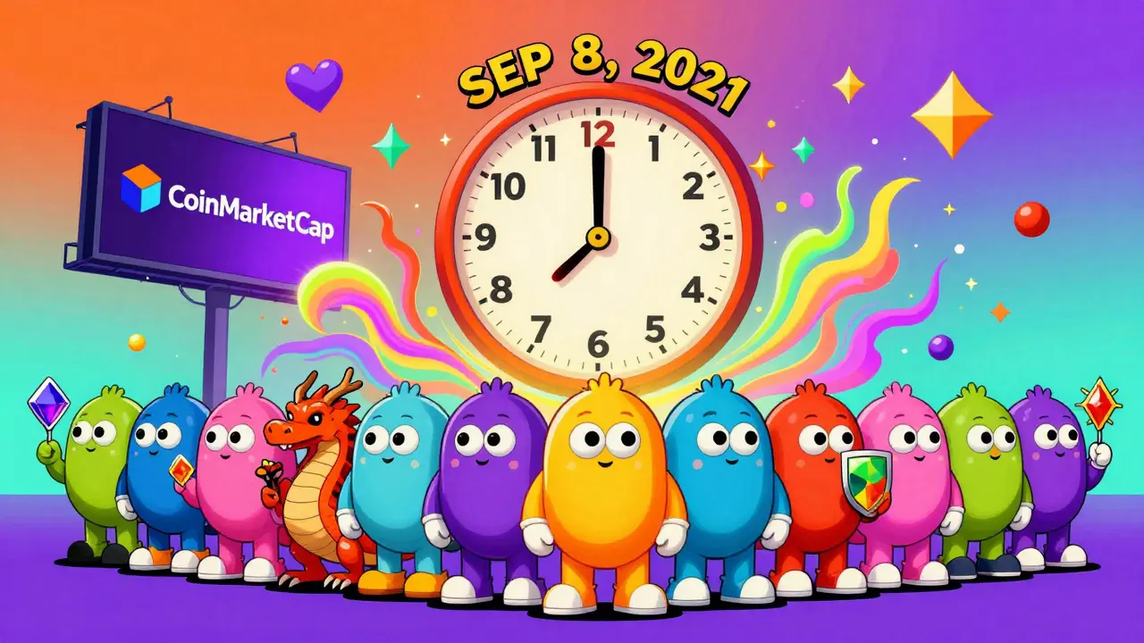 1,000 cartoon characters line up under a countdown clock, each holding unique NFTs, surrounded by neon crypto symbols.