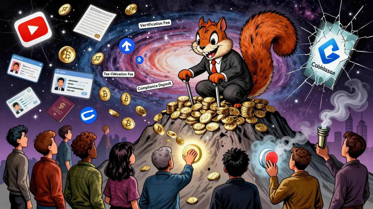 A cartoon squirrel CEO pulling strings as victims lose their crypto to fake fees.