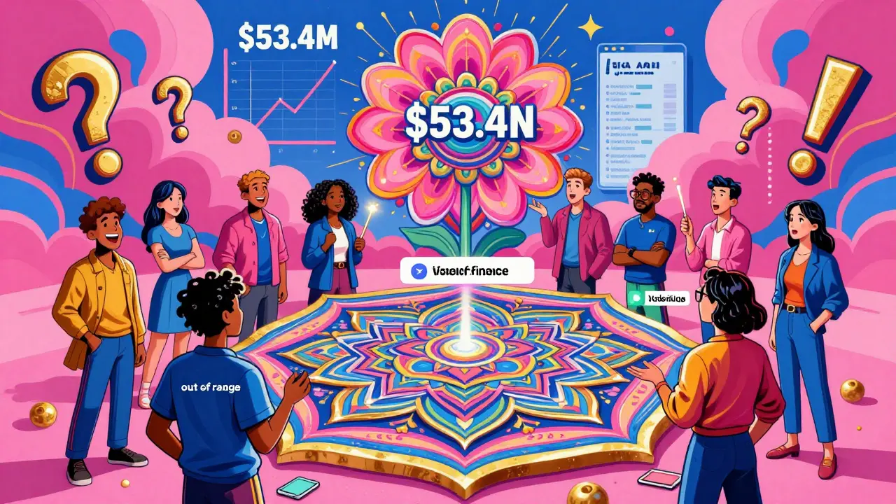 A diverse group of users interacting with a mandala-shaped Uniswap v3 interface under psychedelic colors and floating symbols.