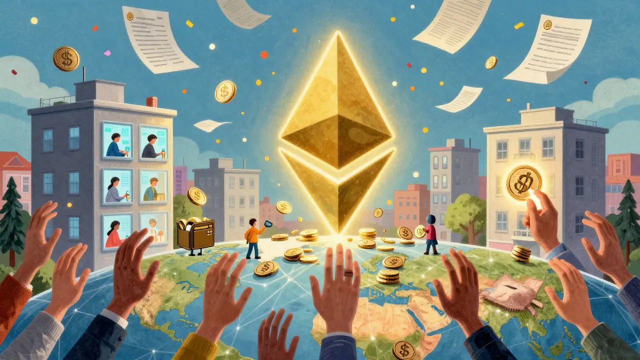 A giant Ethereum symbol turning rent into digital coins raining down on global hands, with a wallet holding a  token glowing brightly.